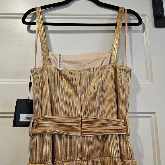 Mac Duggal 27062 Ruffle Tier Midi Metallic Gold Pleated Belted Dress Size 6 - Picture 7 of 9